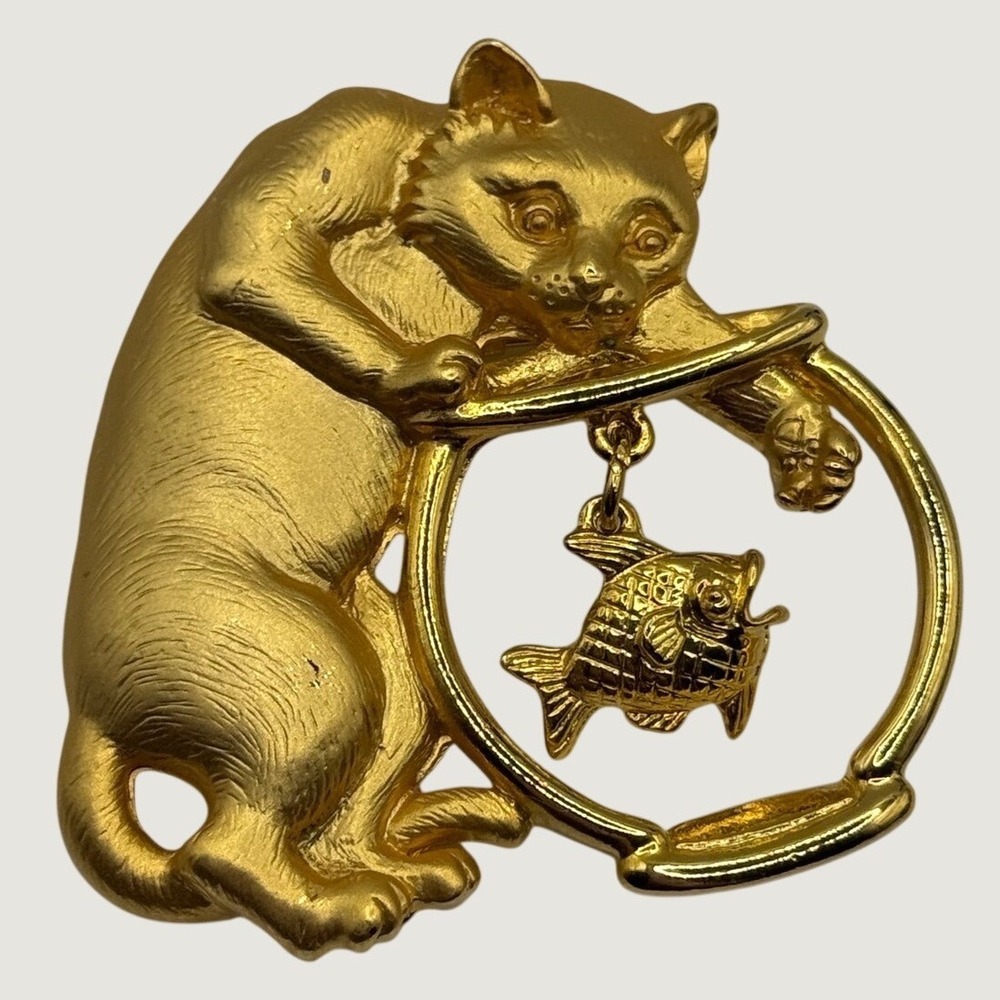 Vintage JJ Jonette Cat Fishbowl Brooch Gold Tone Pin